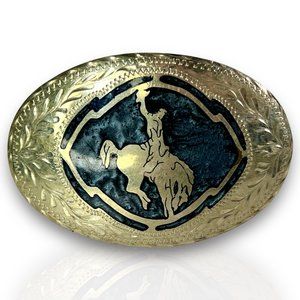 Vintage Bucking Bronco Horse and Cowboy Belt Buckle with Labradorite Stone Inlay